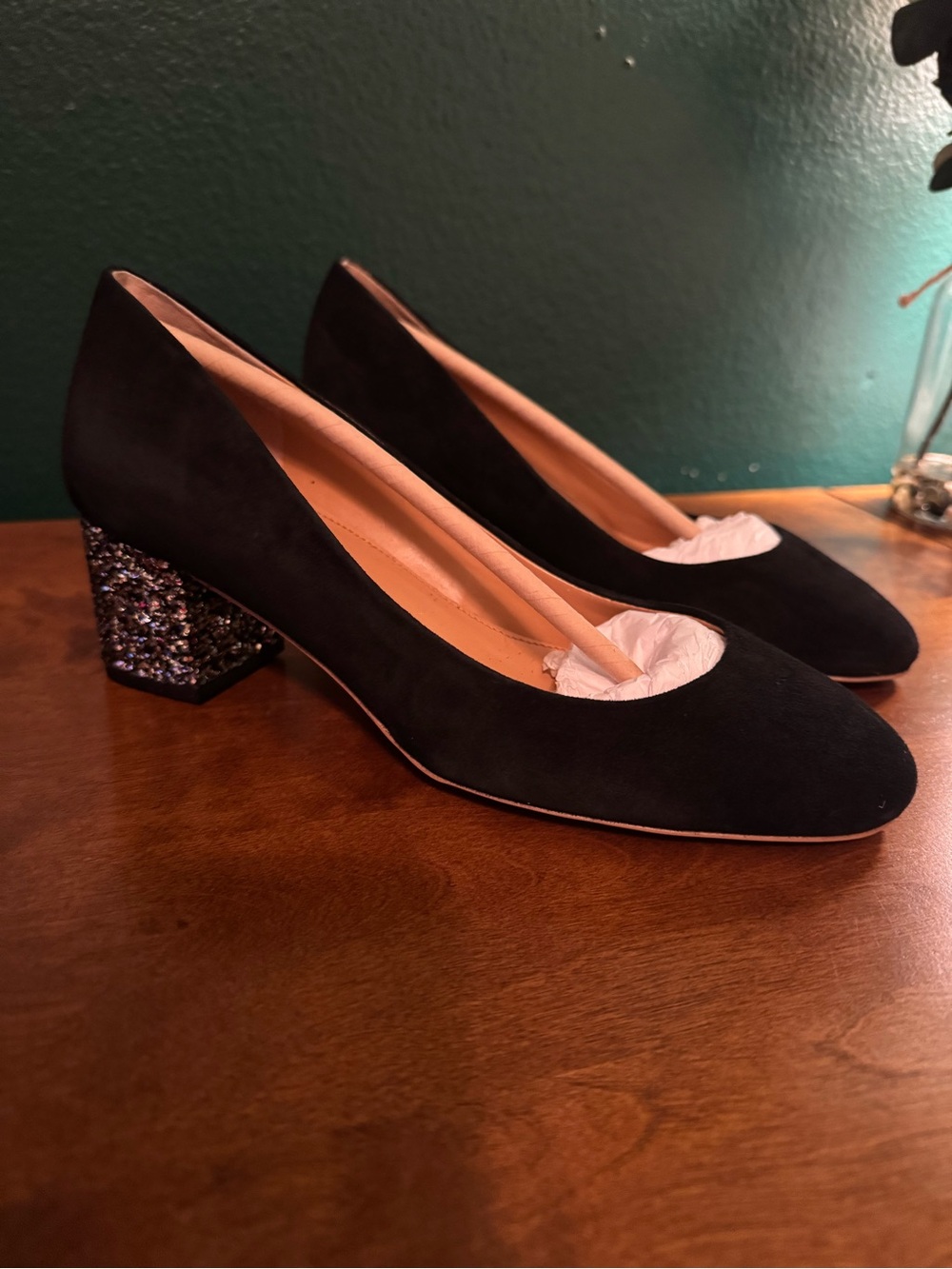 J. Crew Black Suede Pumps with Glitter Block Heel